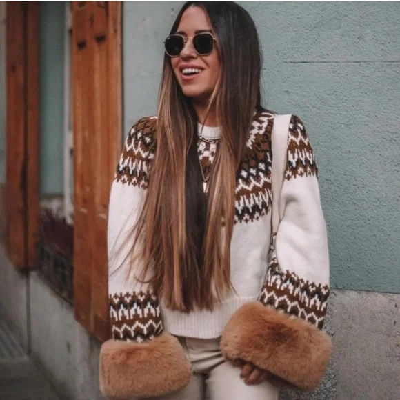 GORGEOUS ZARA NWT Jacquard Faux Fur Sweater - Picture 3 of 16